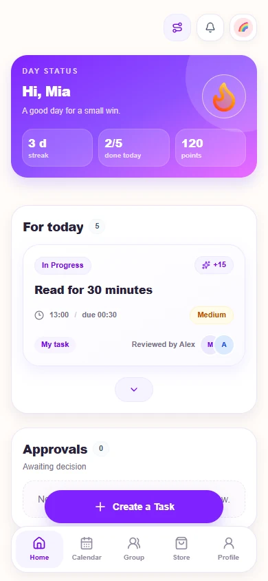 Duodisly child profile showing assigned tasks and rewards
