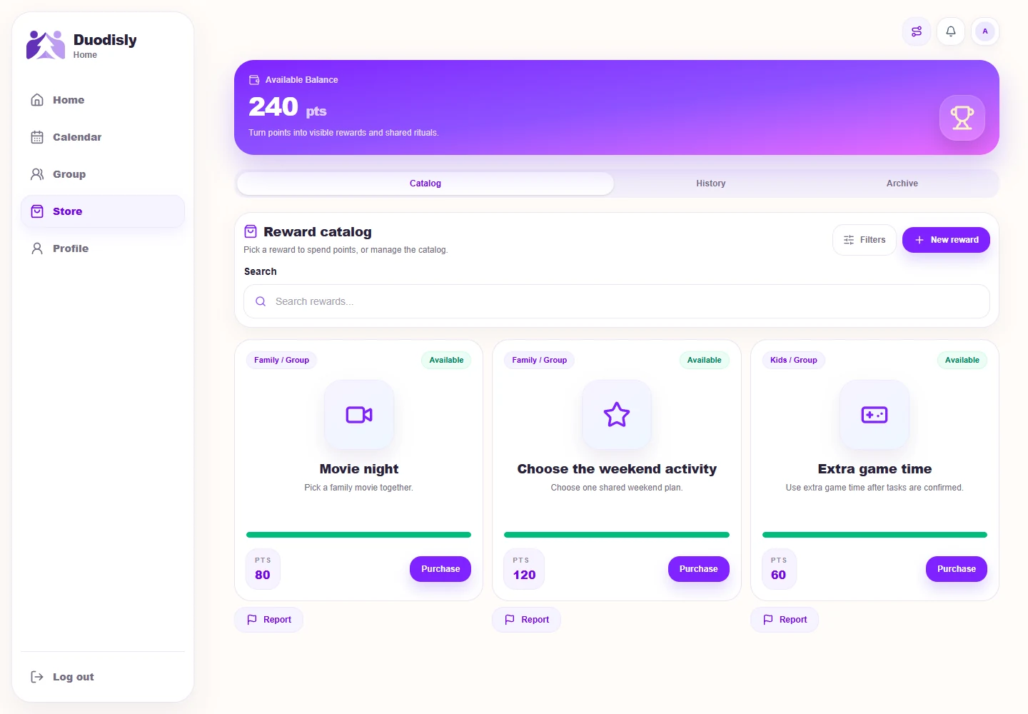 Duodisly reward catalog with personal and shared rewards