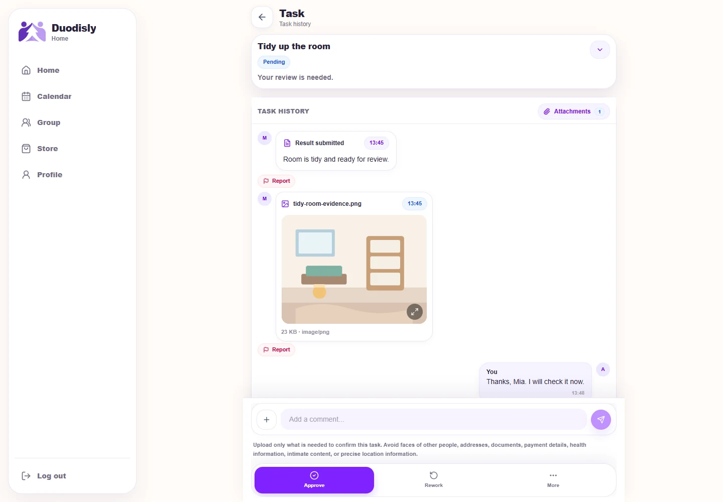 Duodisly task detail with a submitted result, discussion, and human review controls
